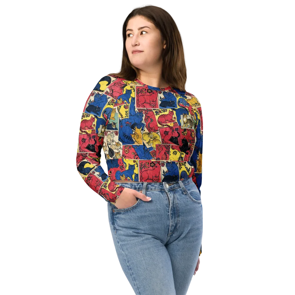 Midnight Cat Almanac on Long Sleeve Crop Top — Front