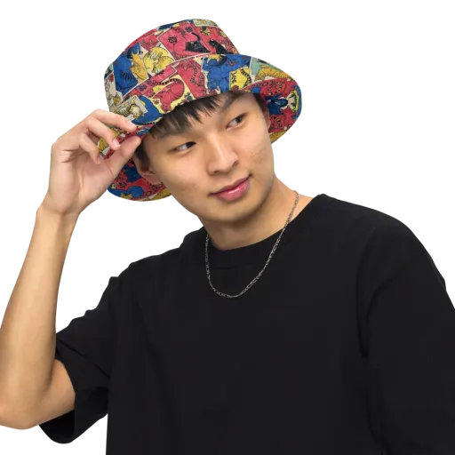 Midnight Cat Almanac on a Reversible Bucket Hat