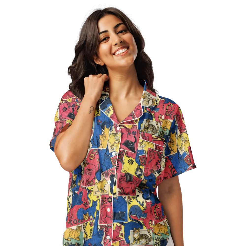 Midnight Cat Almanac on Women's Short Sleeve Pajama Top — Front