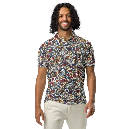 Cosmic Cat Garden on a Men's Slim Fit Polo Shirt