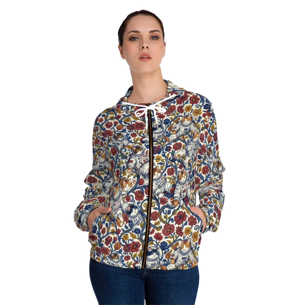 Cosmic Cat Garden on Women's Full-Zip Hoodie — Front On Person