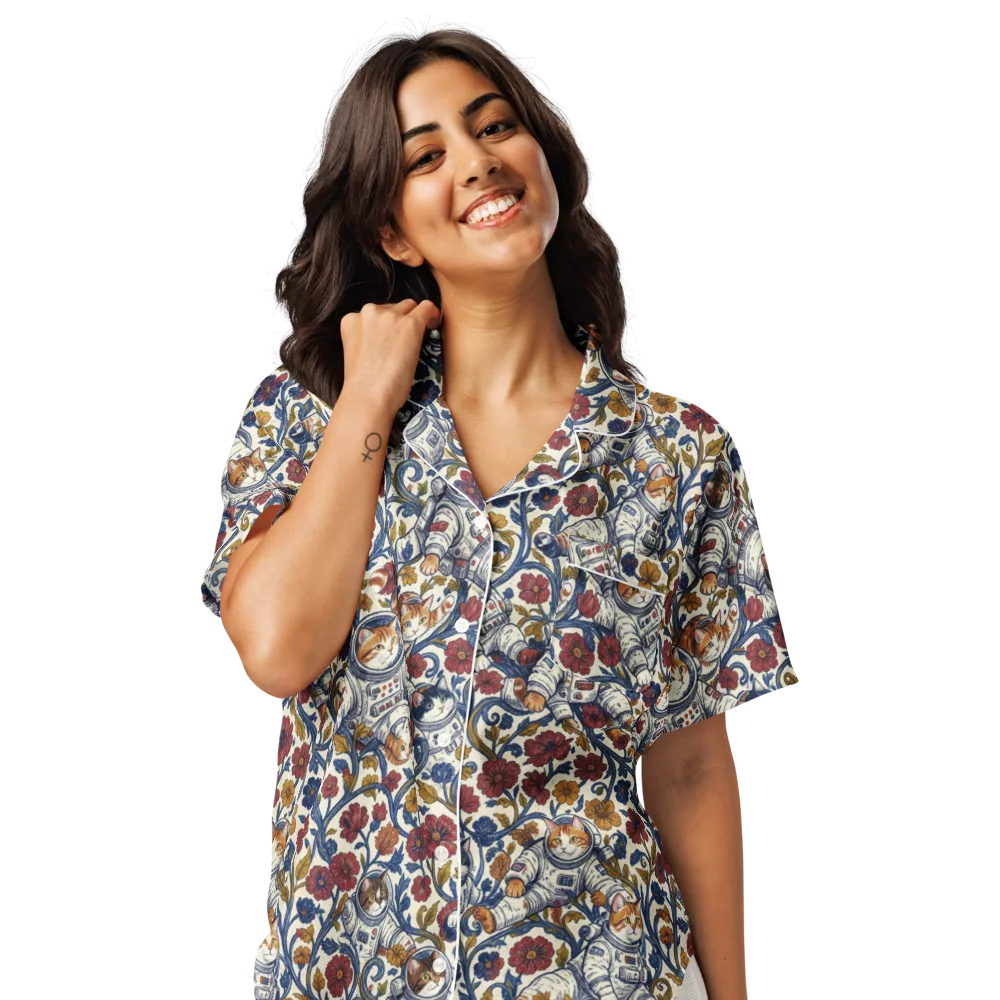 Cosmic Cat Garden on Women's Short Sleeve Pajama Top — Front
