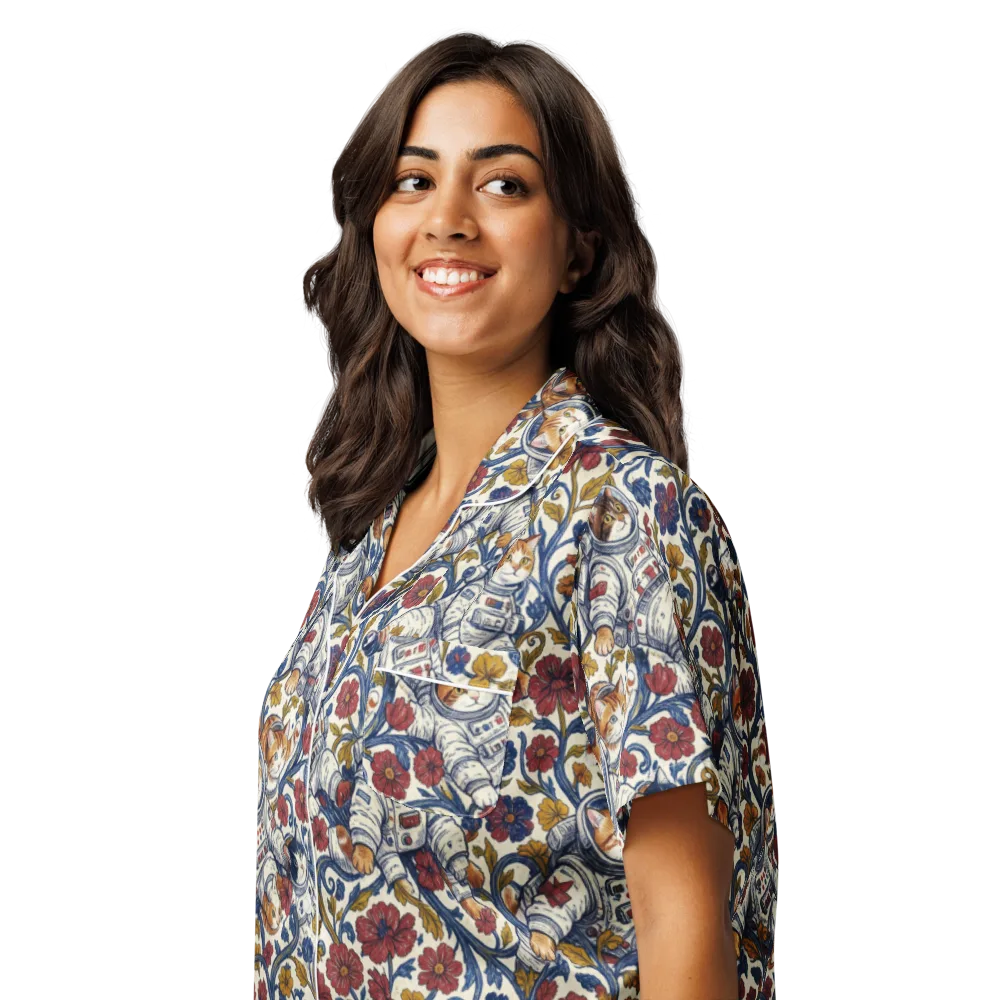 Cosmic Cat Garden on Women's Short Sleeve Pajama Top — Left Front
