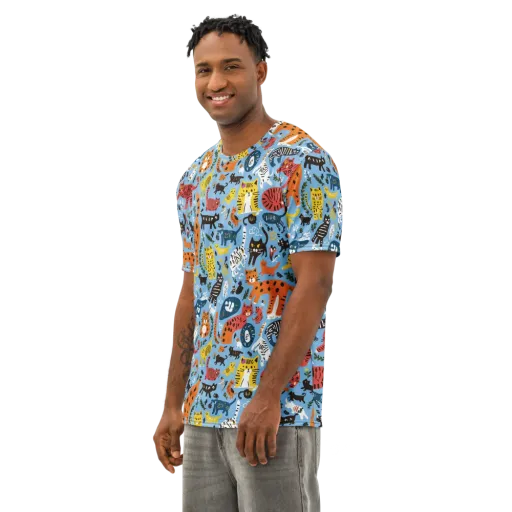 Feline Fiesta on a Men's Cotton Crew Neck T-Shirt