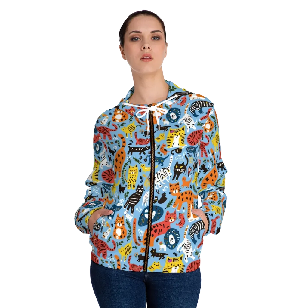 Feline Fiesta on Women's Full-Zip Hoodie — Front On Person