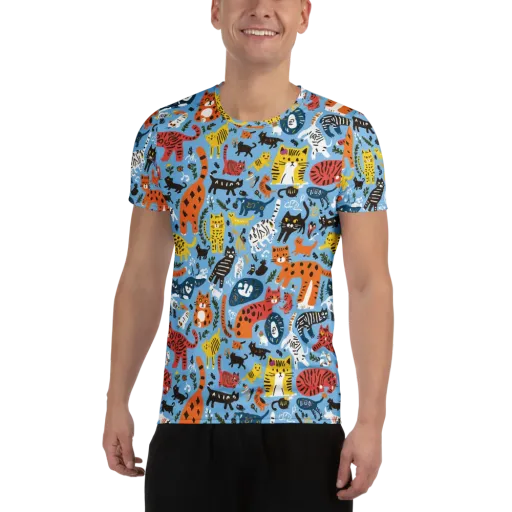 Feline Fiesta on a Men's Athletic T-Shirt