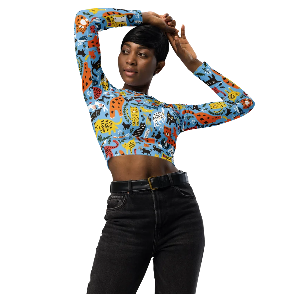 Feline Fiesta on Long Sleeve Crop Top — Front