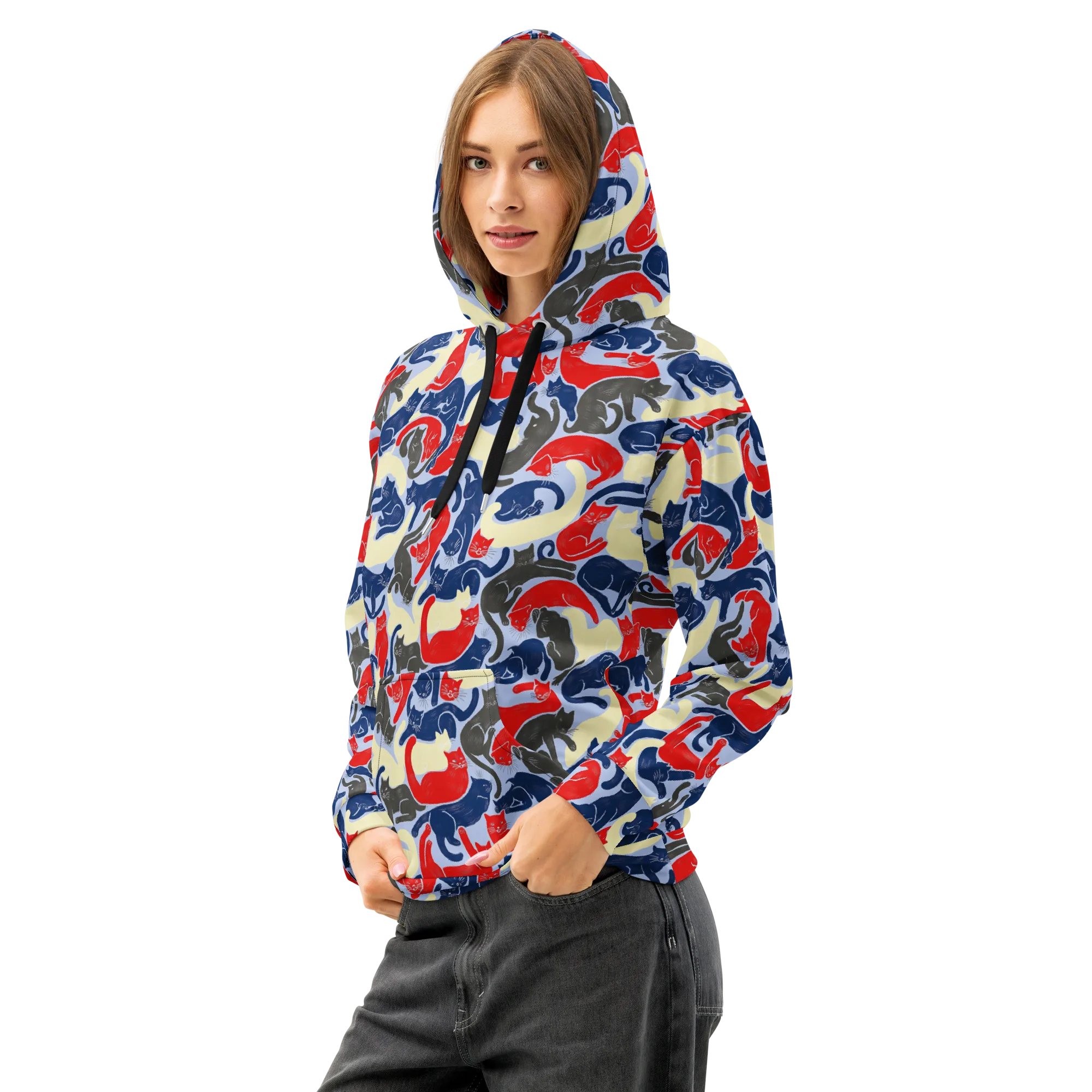 Crimson Catnap on Cotton Hoodie — Left Front