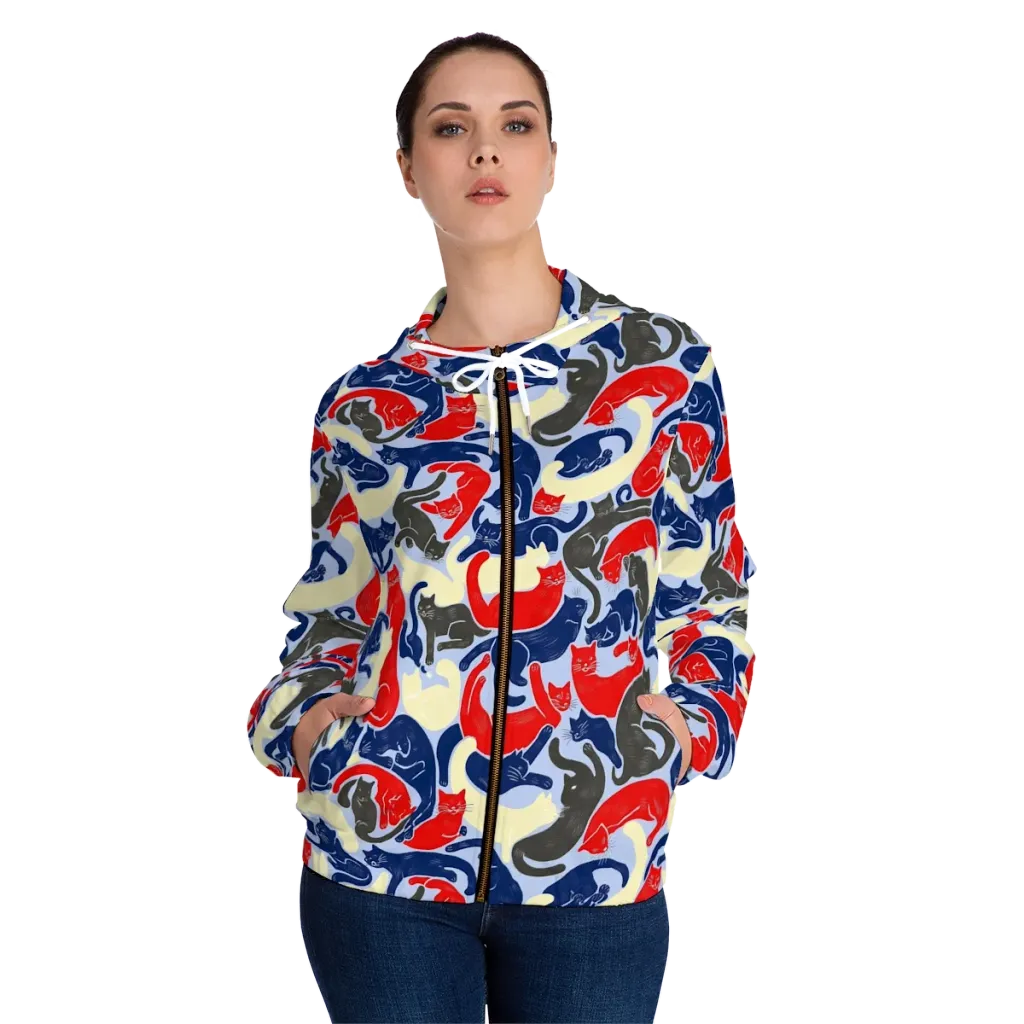 Crimson Catnap on Women's Full-Zip Hoodie — Front On Person