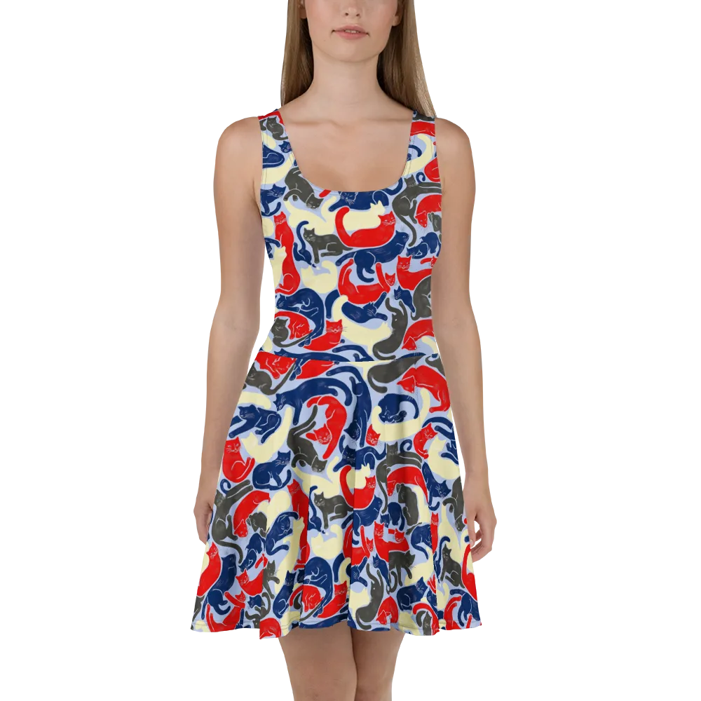 Crimson Catnap on Skater Dress — Front