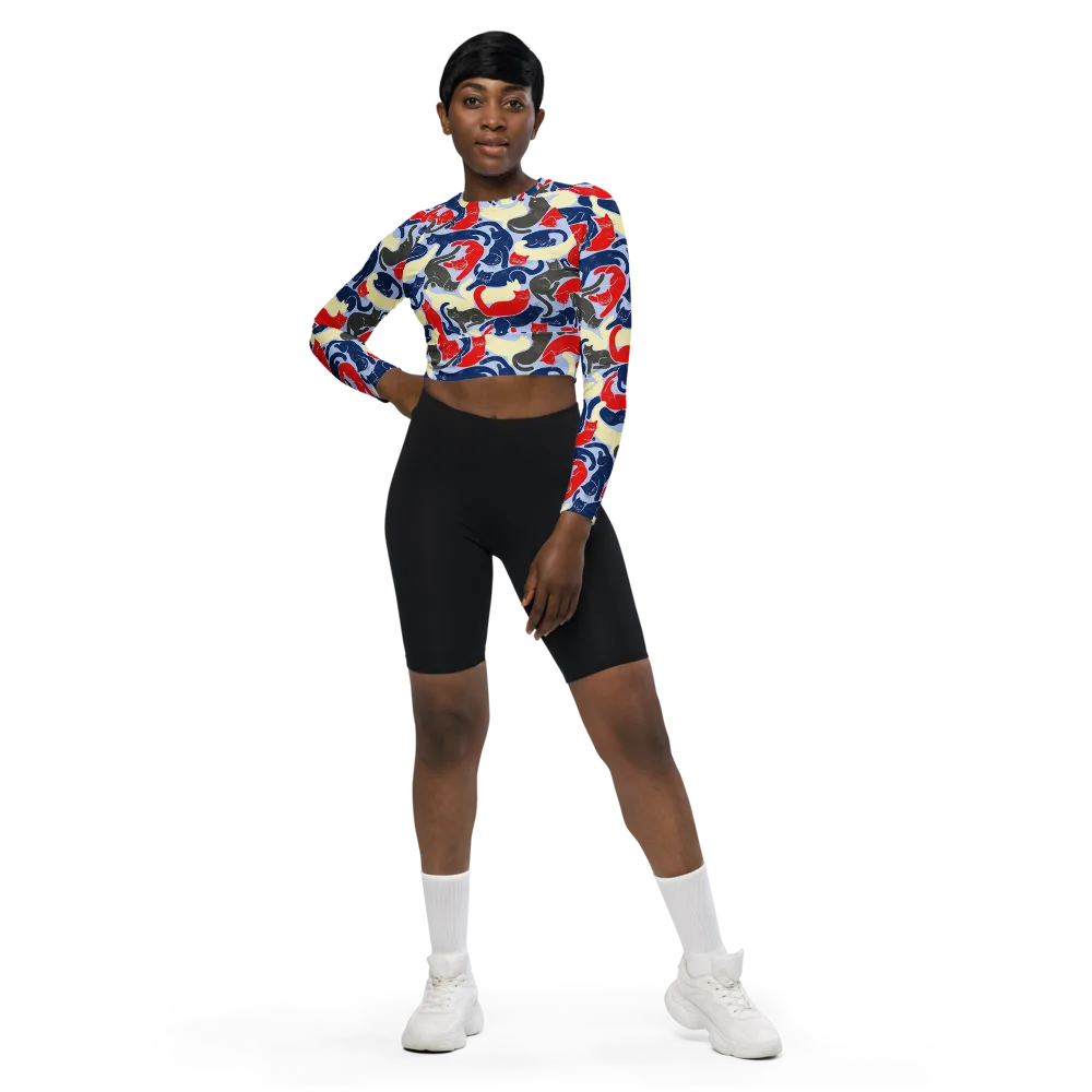 Crimson Catnap on Long Sleeve Crop Top — Front