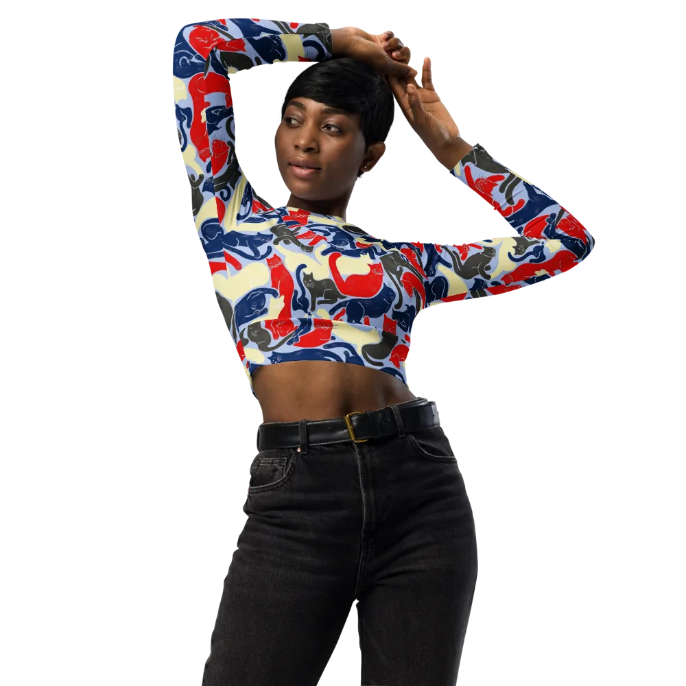 Crimson Catnap on Long Sleeve Crop Top — Front