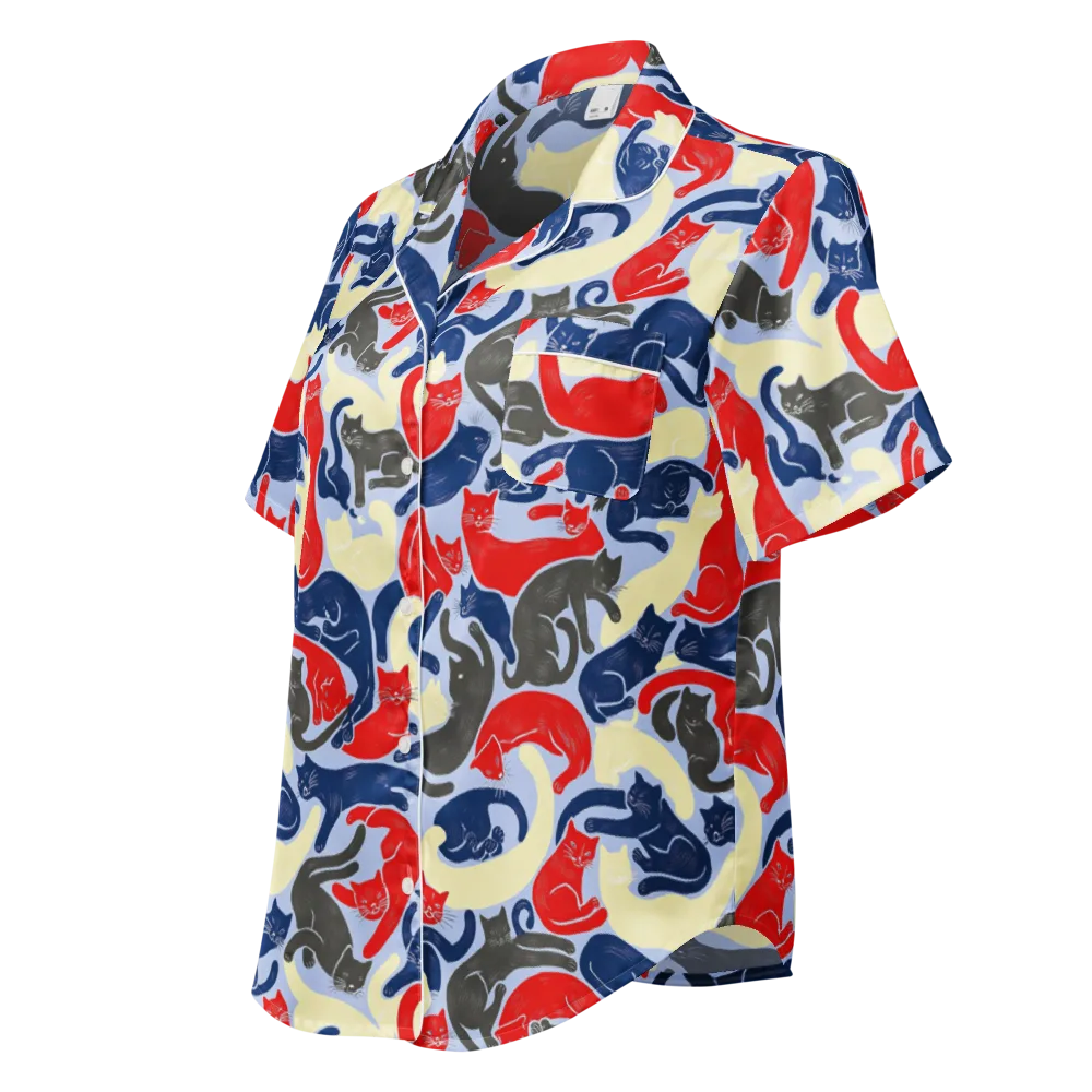 Crimson Catnap on Women's Short Sleeve Pajama Top — Left Front