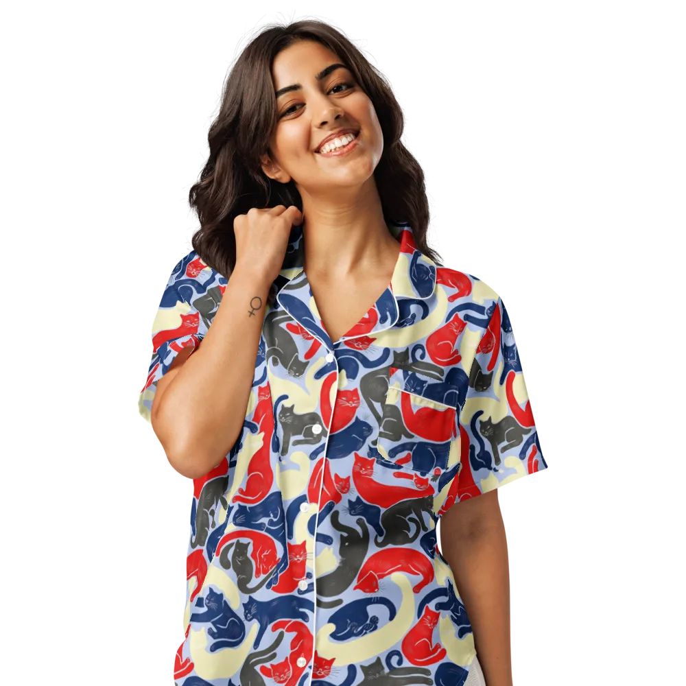 Crimson Catnap on Women's Short Sleeve Pajama Top — Front