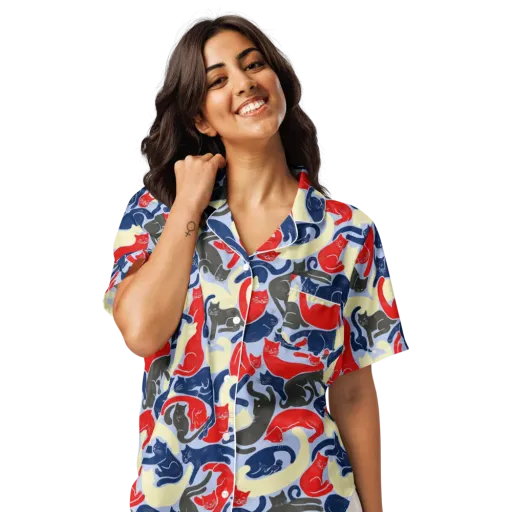 Crimson Catnap on a Women's Short Sleeve Pajama Top