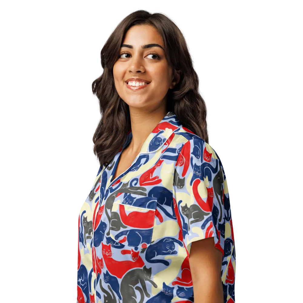 Crimson Catnap on Women's Short Sleeve Pajama Top — Left Front