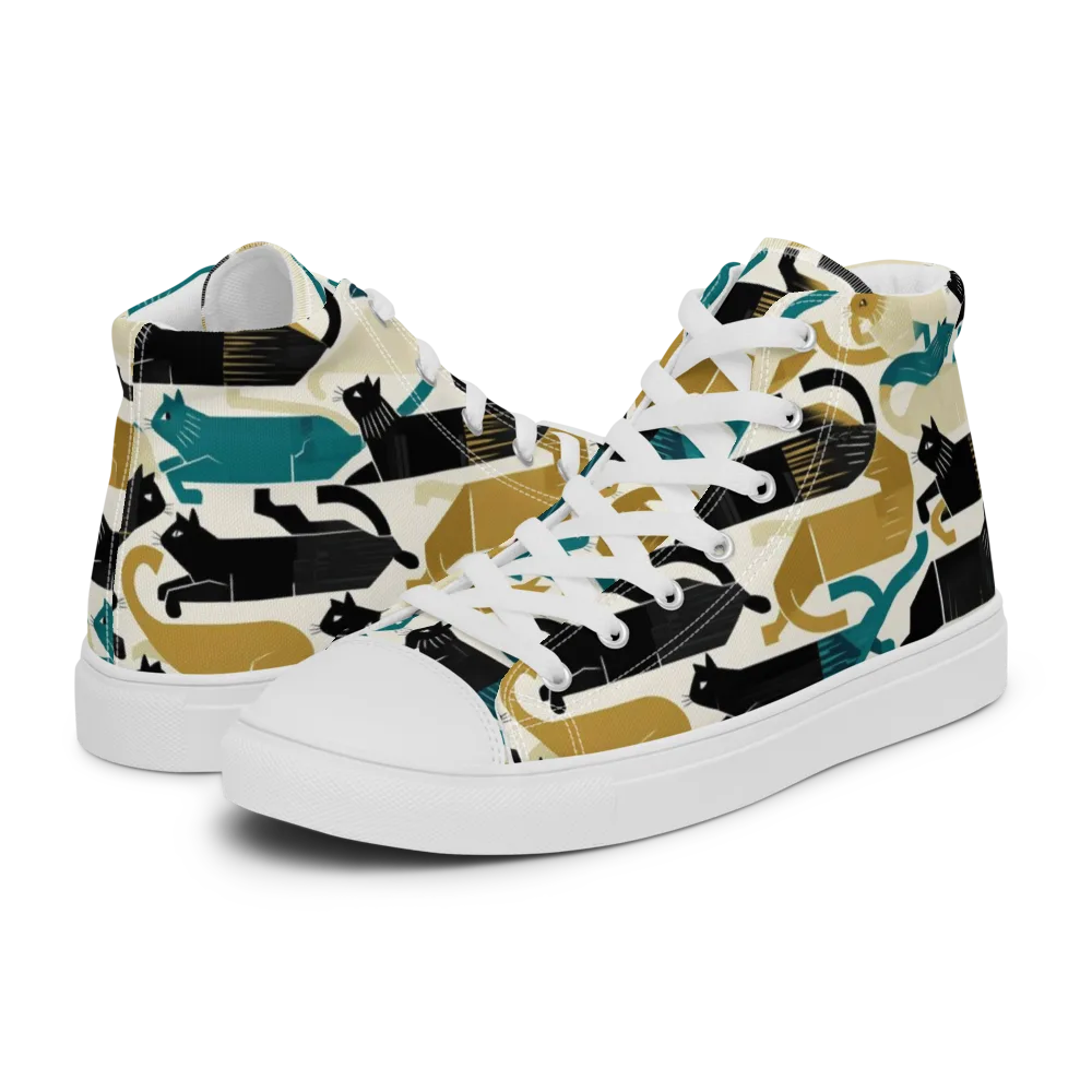 Art Deco Alley Cats on Men's High Top Canvas Shoes — Left