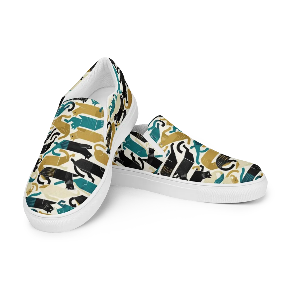 Art Deco Alley Cats on Men's Slip-On Canvas Shoes — Left Front