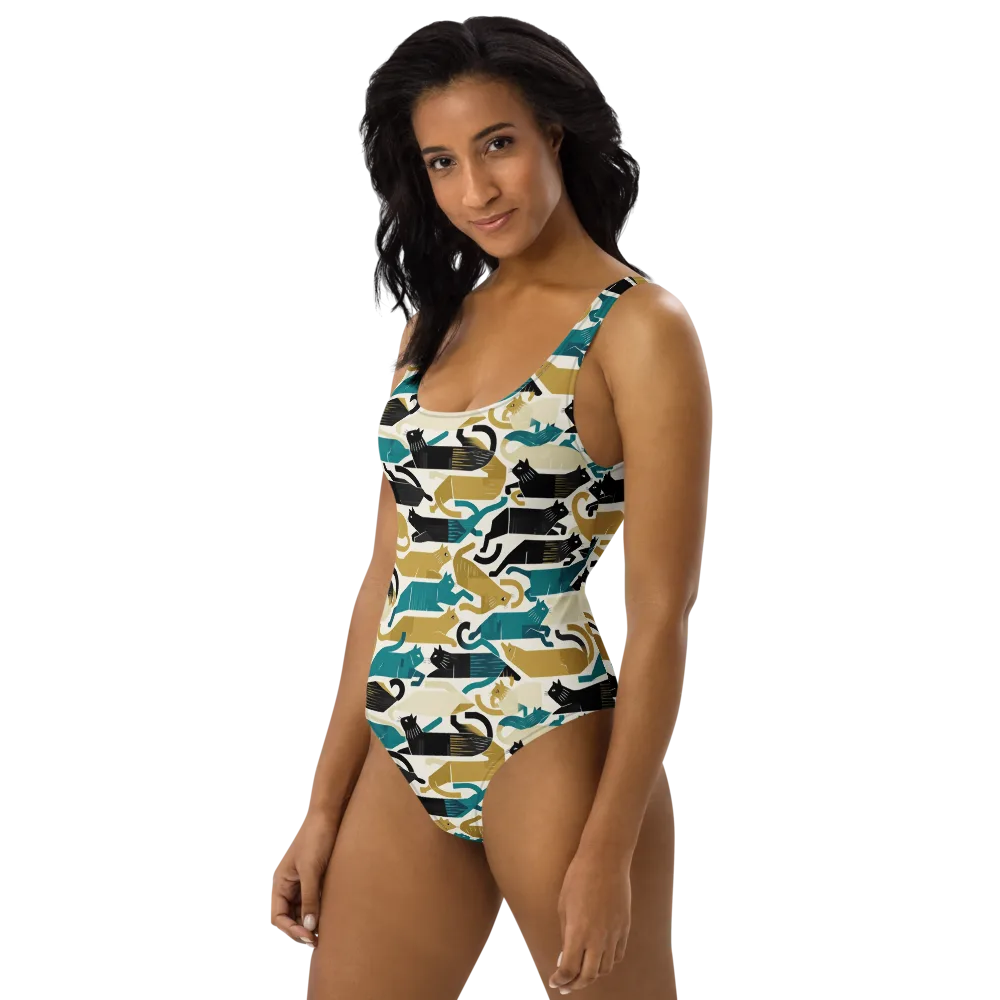 Art Deco Alley Cats on One-Piece Swimsuit — Left