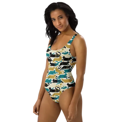 Art Deco Alley Cats on a One-Piece Swimsuit