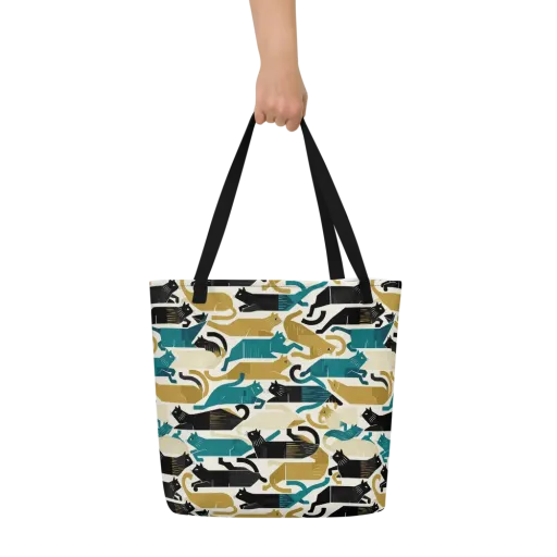 Art Deco Alley Cats on a Large Tote Bag W/ Pocket