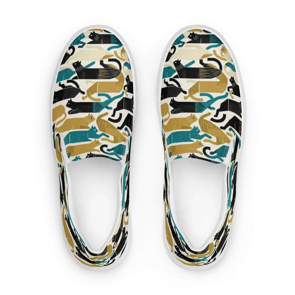 Art Deco Alley Cats on Women's Slip-On Canvas Shoes — Front