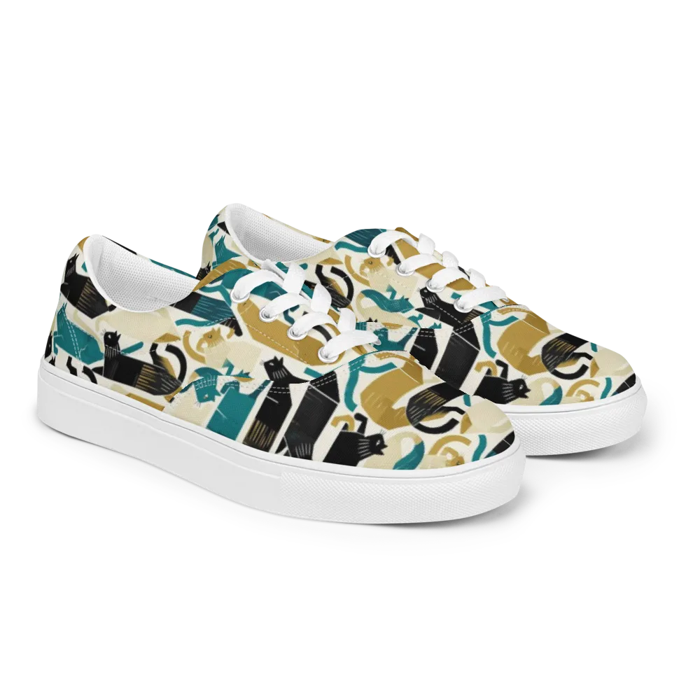 Art Deco Alley Cats on Men's Lace-Up Canvas Shoes — Right Front