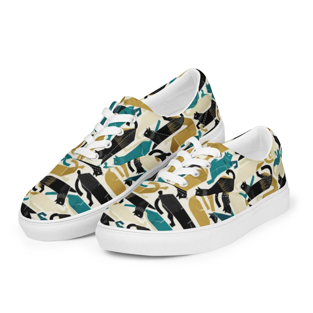 Art Deco Alley Cats on Men's Lace-Up Canvas Shoes — Left Front
