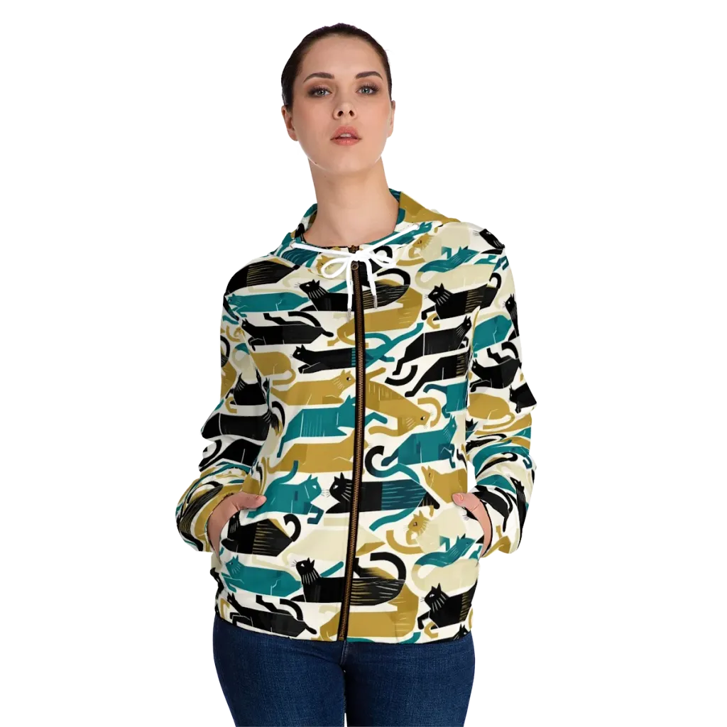 Art Deco Alley Cats on Women's Full-Zip Hoodie — Front On Person