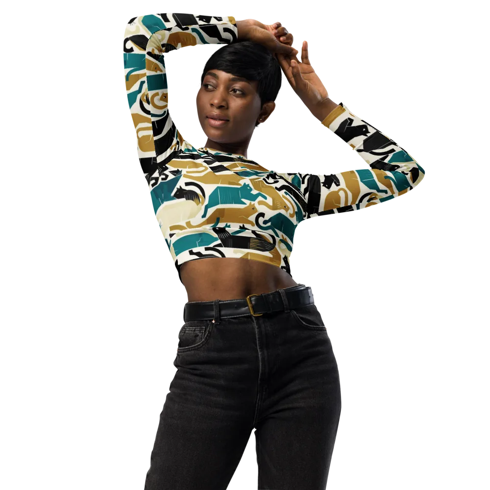 Art Deco Alley Cats on Long Sleeve Crop Top — Front