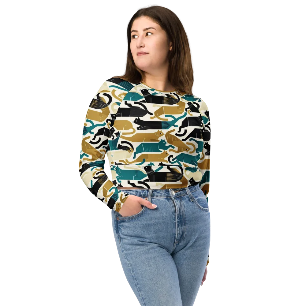 Art Deco Alley Cats on Long Sleeve Crop Top — Front