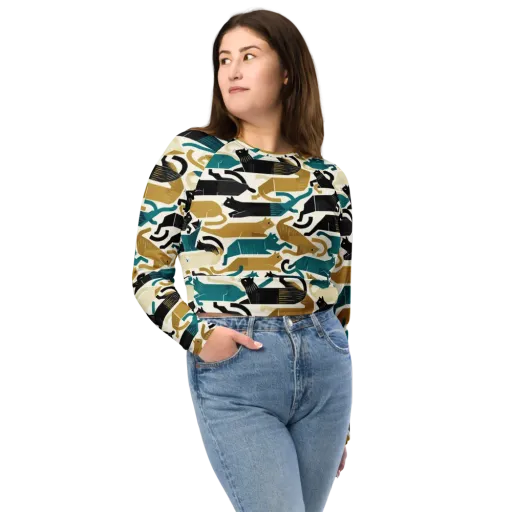 Art Deco Alley Cats on a Long Sleeve Crop Top