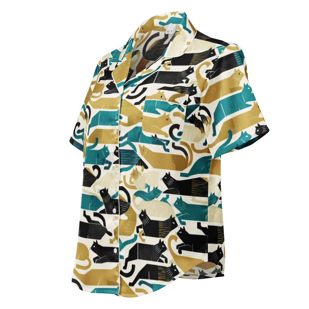 Art Deco Alley Cats on Women's Short Sleeve Pajama Top — Left Front
