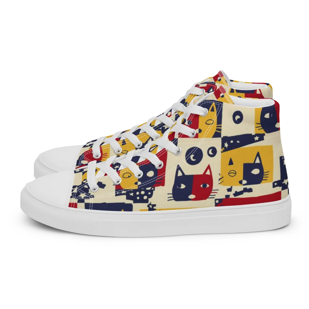Cat’s Pajama Parade on Men's High Top Canvas Shoes — Left