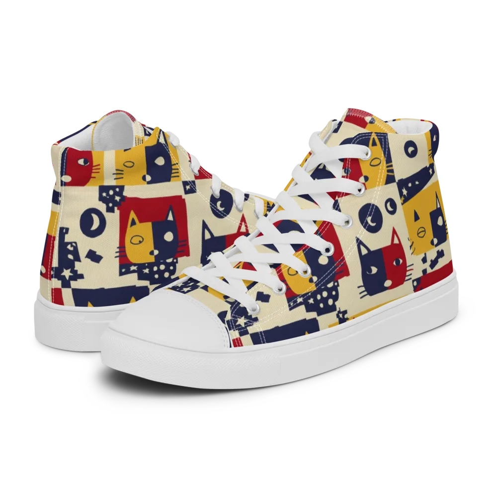 Cat’s Pajama Parade on Men's High Top Canvas Shoes — Left