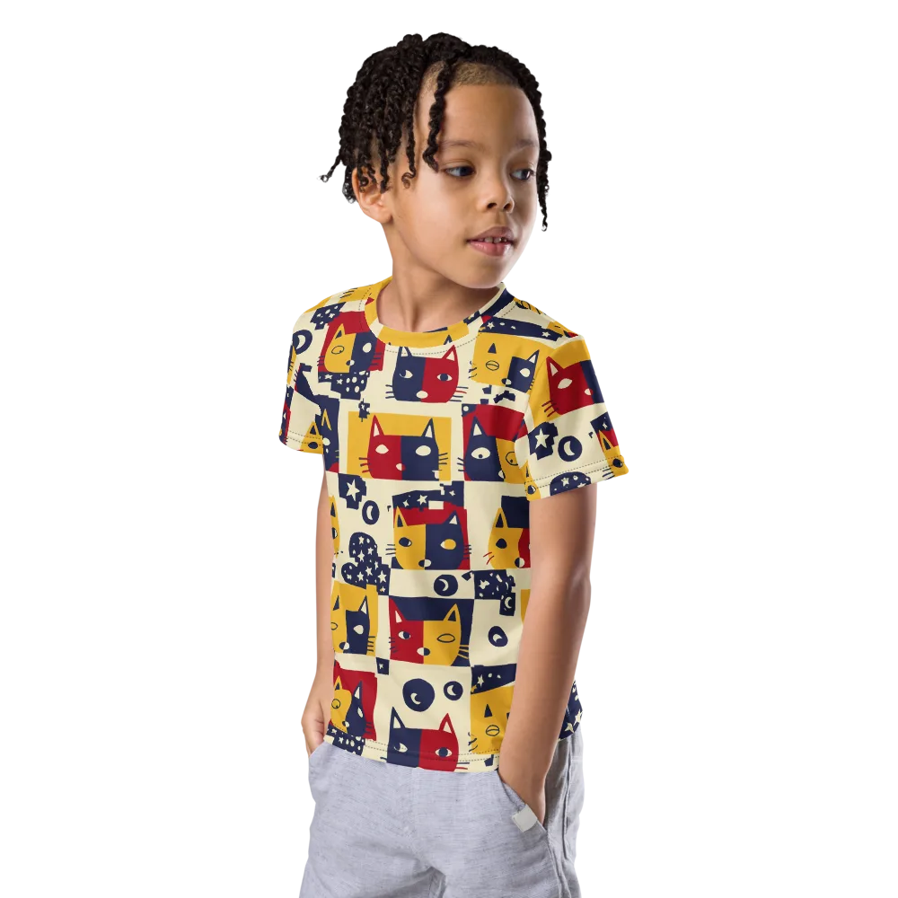 Cat’s Pajama Parade on Kids Crew Neck T-Shirt — Left Front
