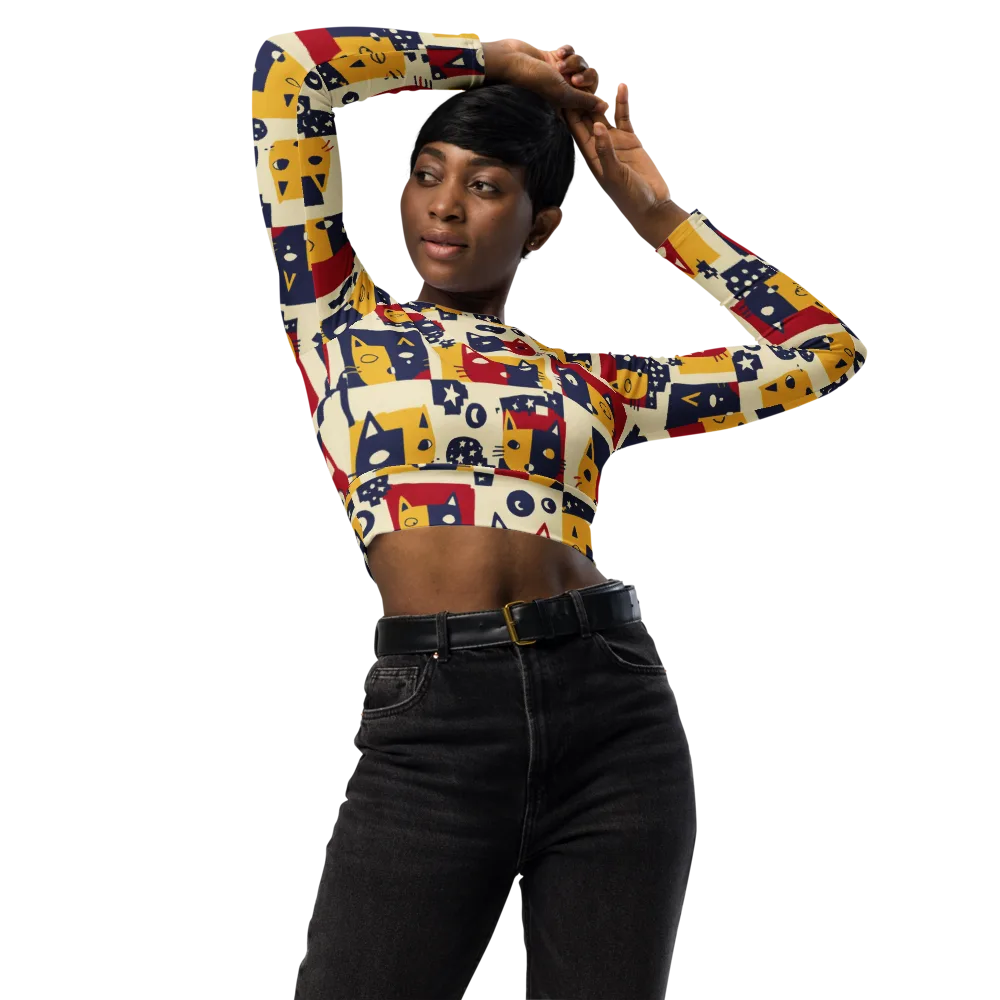 Cat’s Pajama Parade on Long Sleeve Crop Top — Front