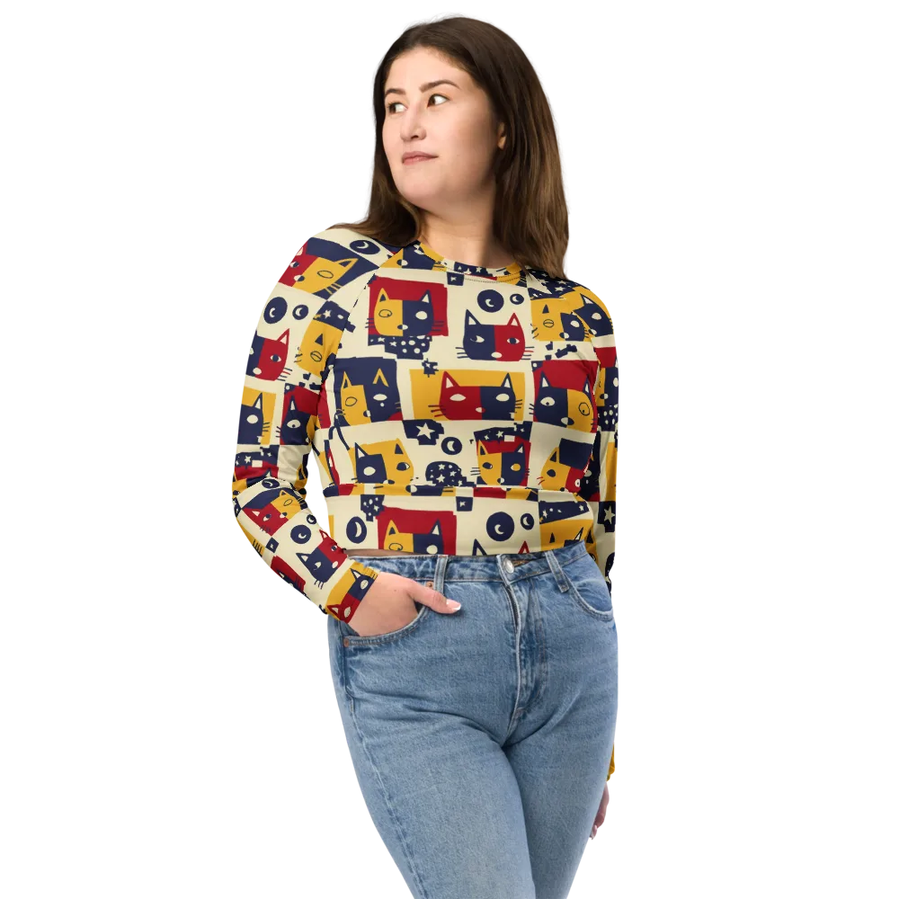 Cat’s Pajama Parade on Long Sleeve Crop Top — Front