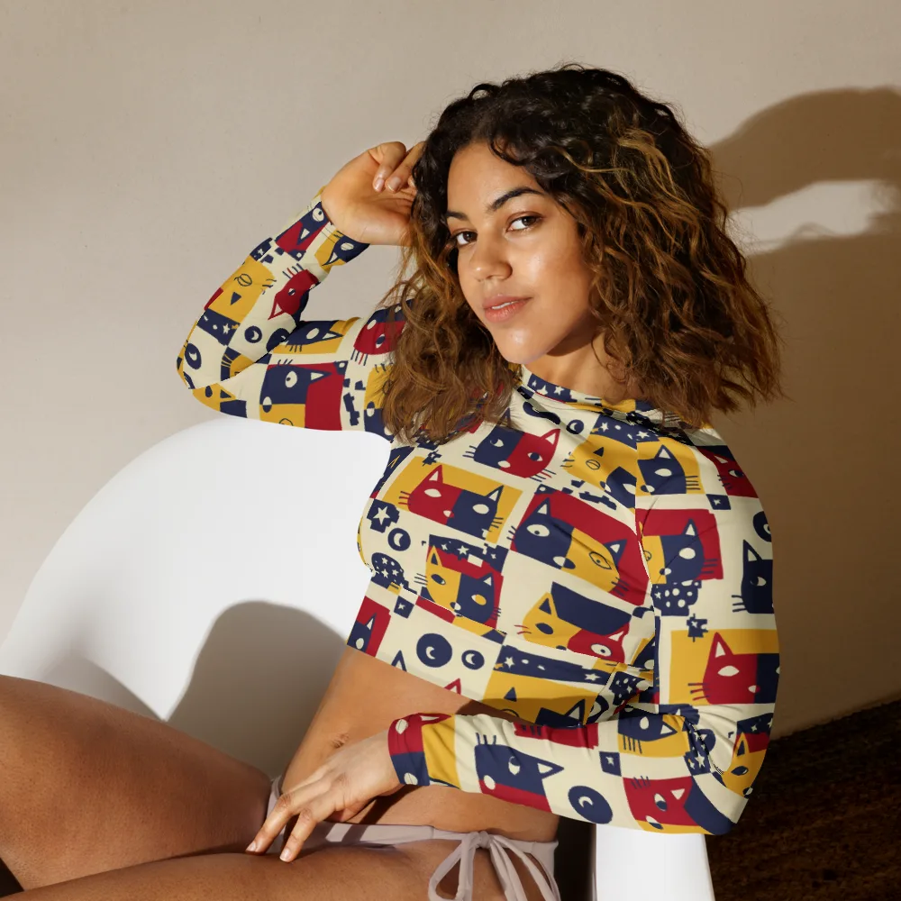 Cat’s Pajama Parade on Long Sleeve Crop Top — Left Front