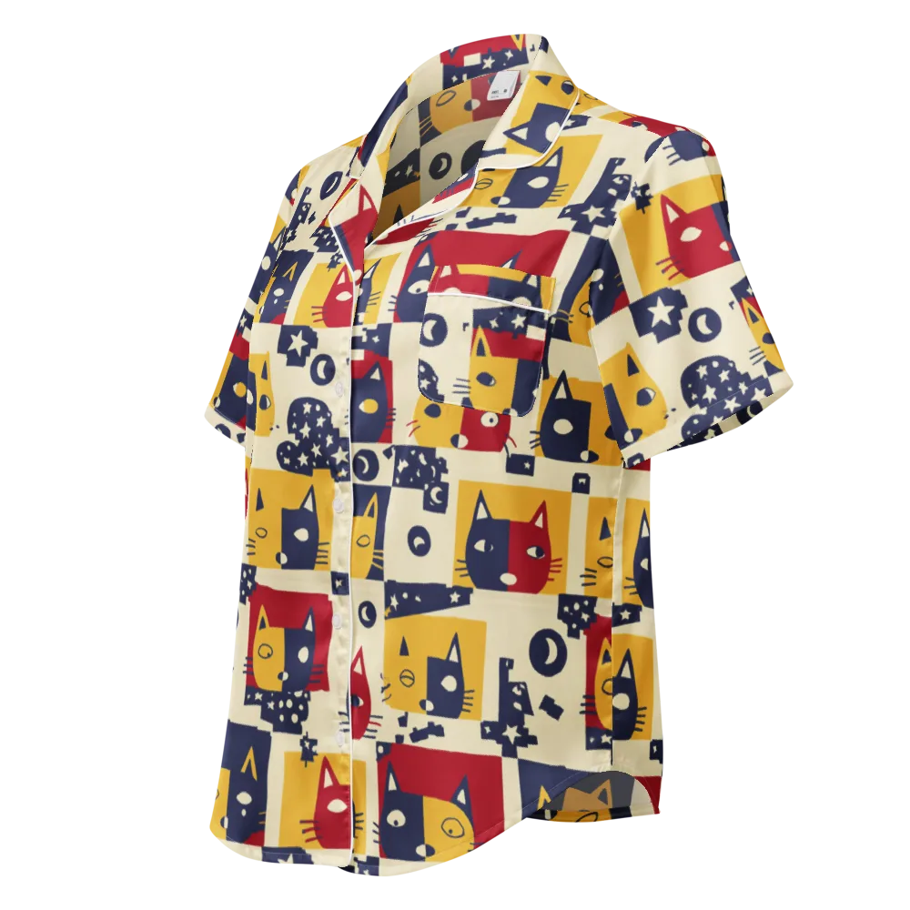 Cat’s Pajama Parade on Women's Short Sleeve Pajama Top — Left Front