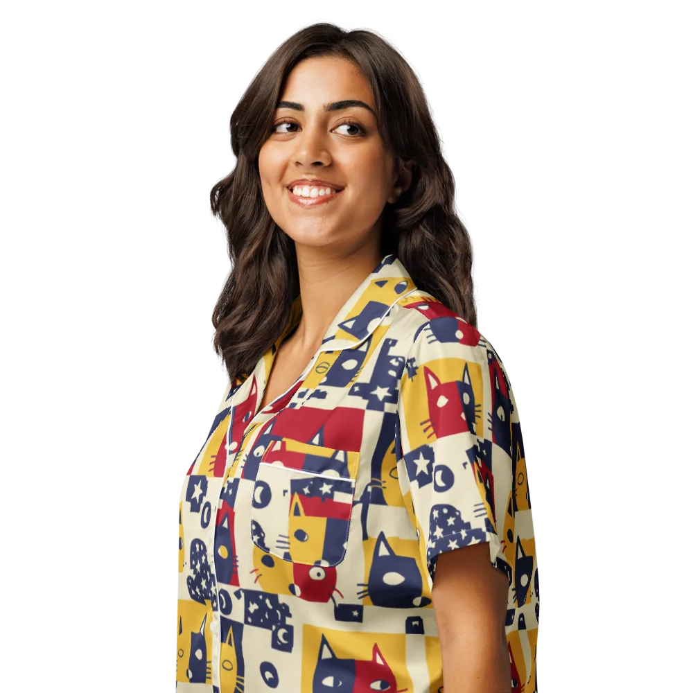 Cat’s Pajama Parade on Women's Short Sleeve Pajama Top — Left Front