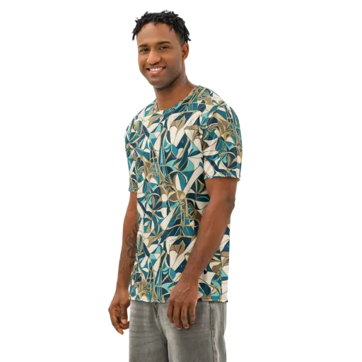 Teal Deco Garden on a Men's Cotton Crew Neck T-Shirt