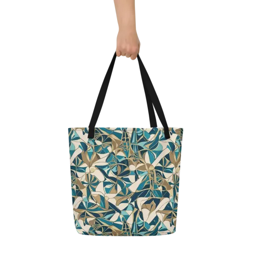 Teal Deco Garden on a Large Tote Bag W/ Pocket