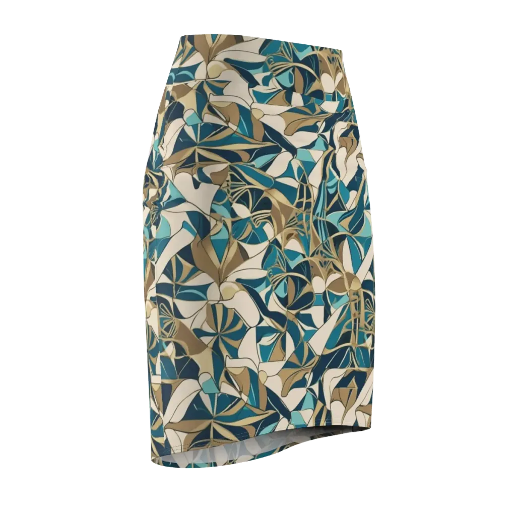Teal Deco Garden on Pencil Skirt — Front Side