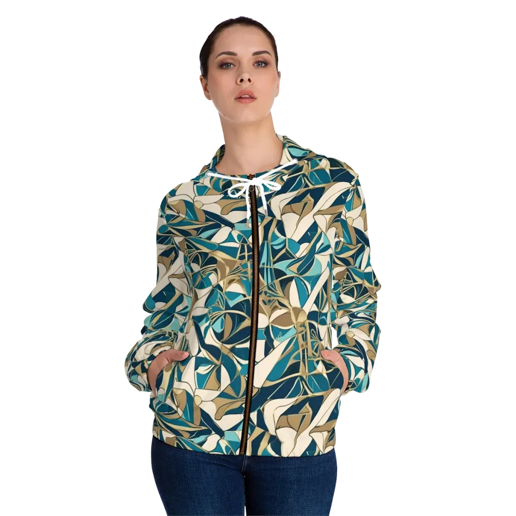 Teal Deco Garden on Women's Full-Zip Hoodie — Front On Person