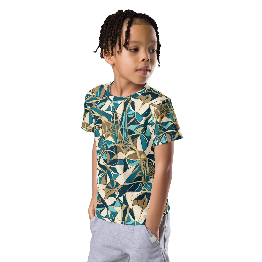 Teal Deco Garden on Kids Crew Neck T-Shirt — Left Front