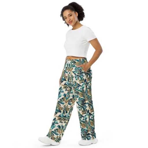 Teal Deco Garden on a Wide-Leg Pants
