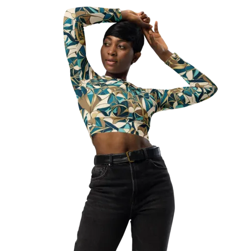 Teal Deco Garden on a Long Sleeve Crop Top