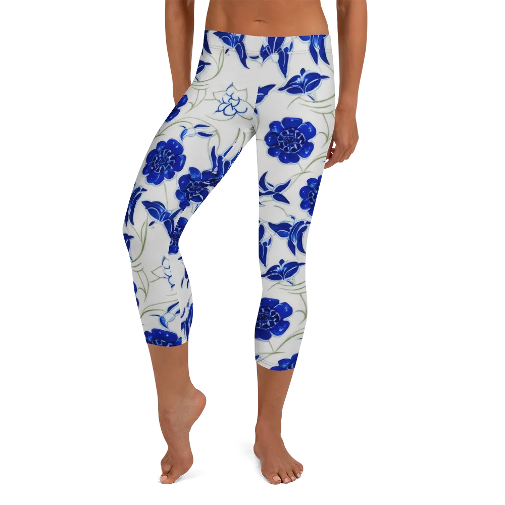 Blue Delft Bloom on Capri Leggings — Front
