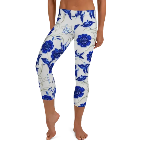 Blue Delft Bloom on a Capri Leggings